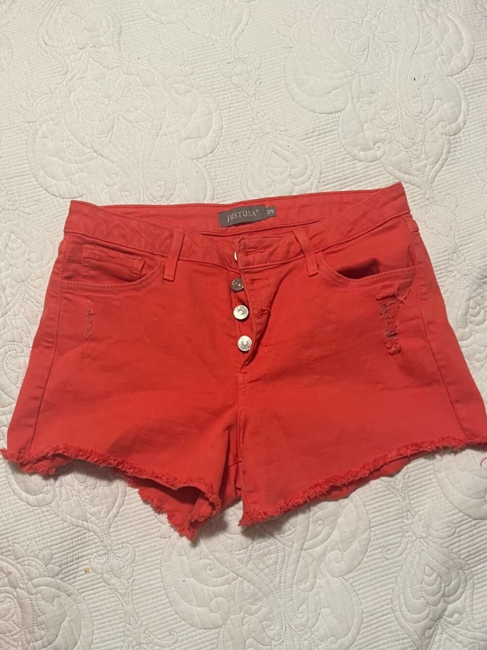 Myra Mid Rise Frayed Hem Button Fly Short in coral (29)